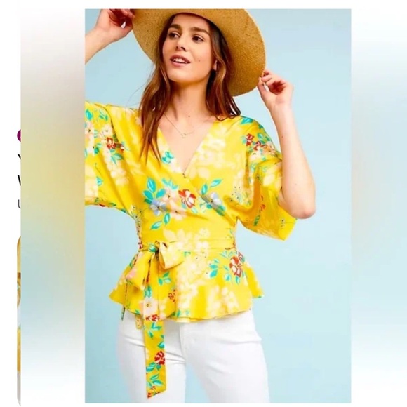 Yummy Kim S anthropology Floral Yellow Wrap Top - Picture 1 of 2